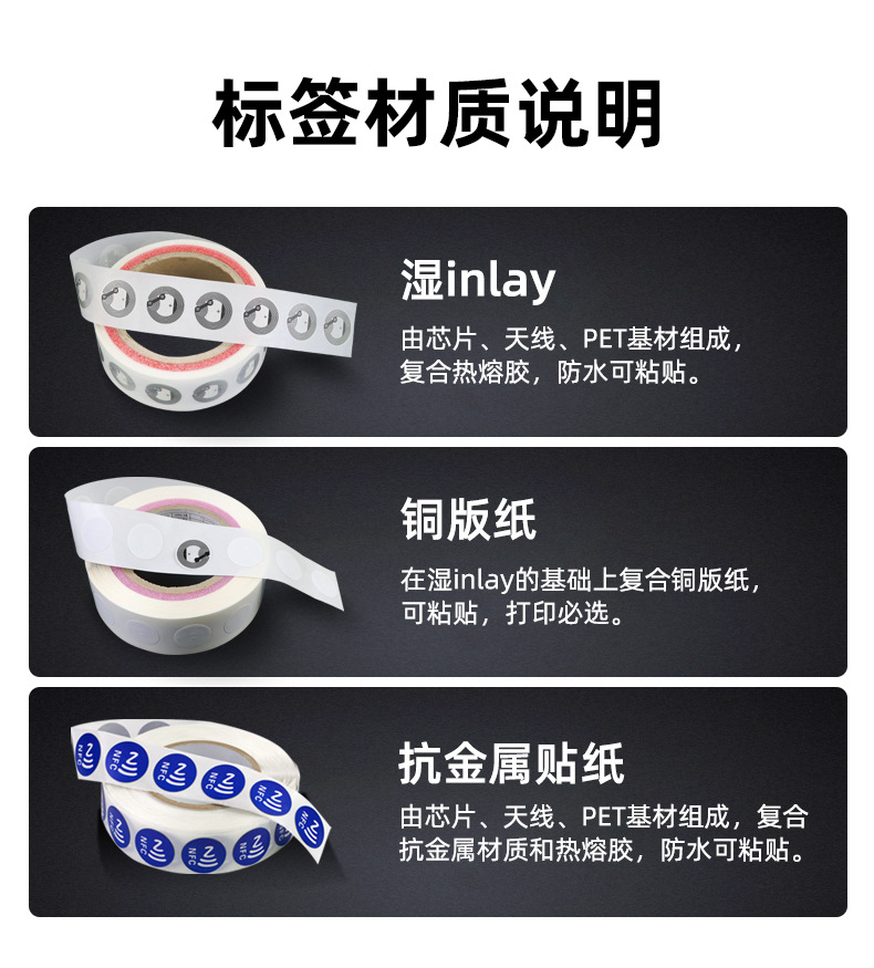 一碰传nfc芯片贴ntag213/215不干胶电子标签纸防伪读写网址音乐墙详情3