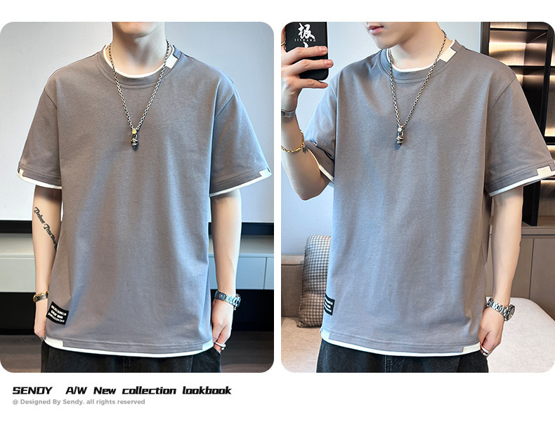 2025新款夏季t恤男潮流宽松短袖t恤上衣百搭假两件半袖青少年t恤详情18