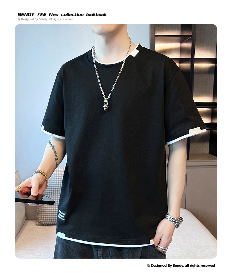 2025新款夏季t恤男潮流宽松短袖t恤上衣百搭假两件半袖青少年t恤详情8