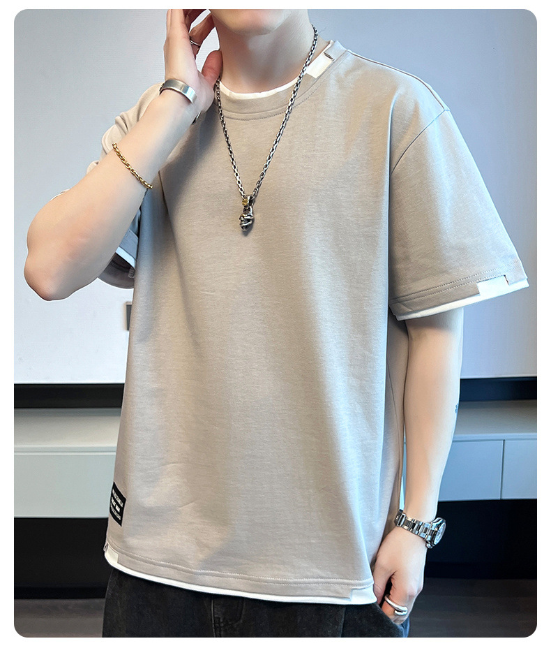 2025新款夏季t恤男潮流宽松短袖t恤上衣百搭假两件半袖青少年t恤详情10
