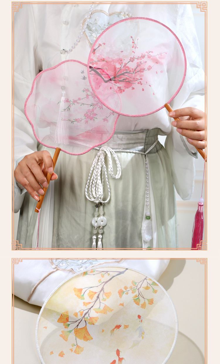 团扇古风扇子儿童长柄流苏舞蹈扇中国风古装汉服旗袍丝质小圆扇详情8