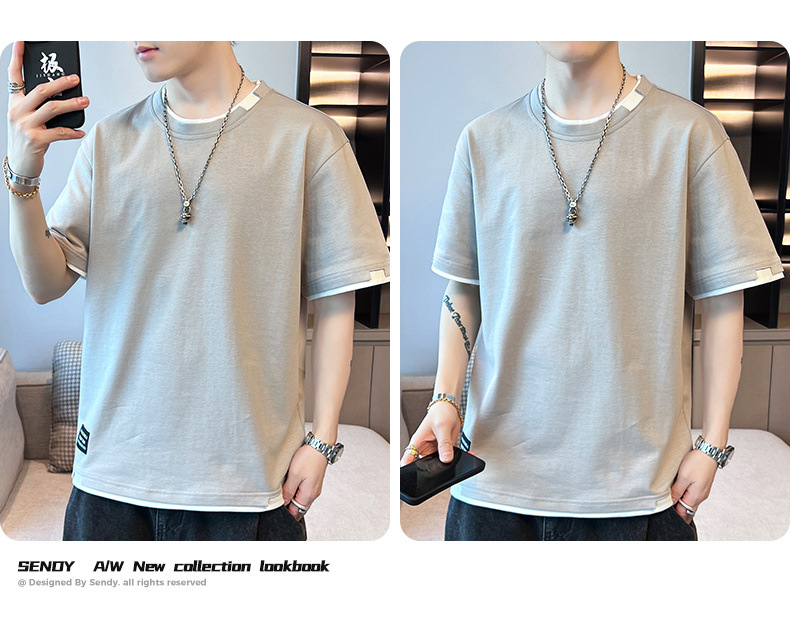 2025新款夏季t恤男潮流宽松短袖t恤上衣百搭假两件半袖青少年t恤详情12