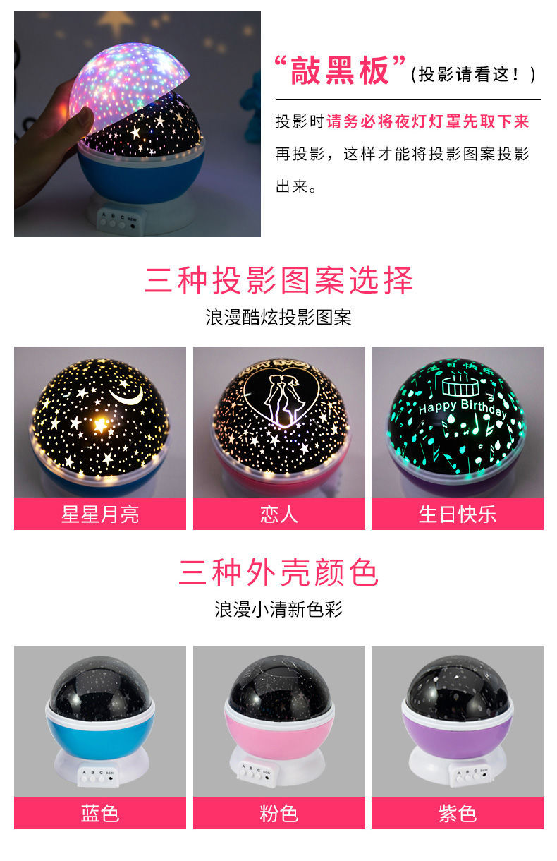 梦幻旋转星空投影灯圣诞节礼品小夜灯节日氛围灯星星月亮创意礼品详情5