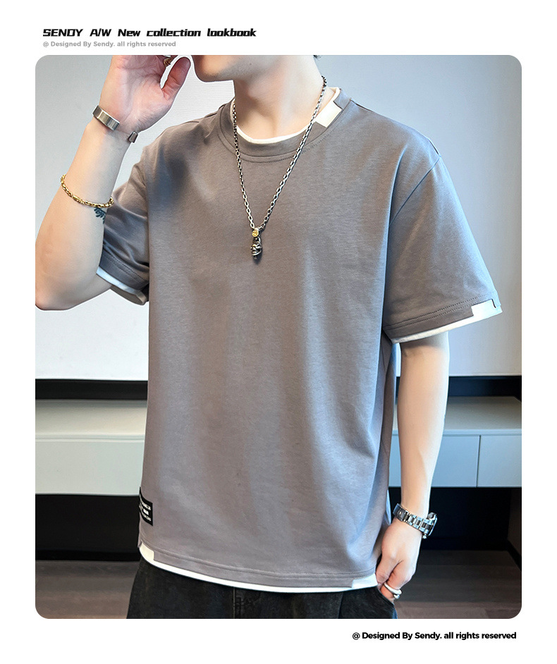 2025新款夏季t恤男潮流宽松短袖t恤上衣百搭假两件半袖青少年t恤详情17