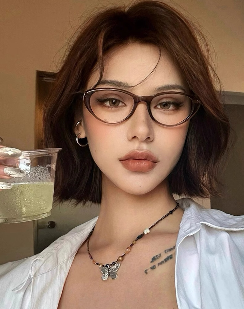 猫眼眼镜女高级感81059-1防蓝光复古素颜眼镜框冷茶色近视镜批发详情3