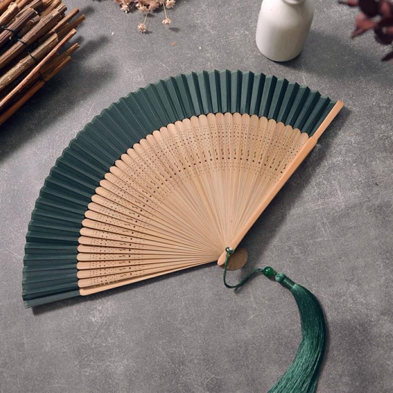 扇子折扇中国风女式古风古典舞蹈扇工艺扇纯色素色折扇绿色米色详情7