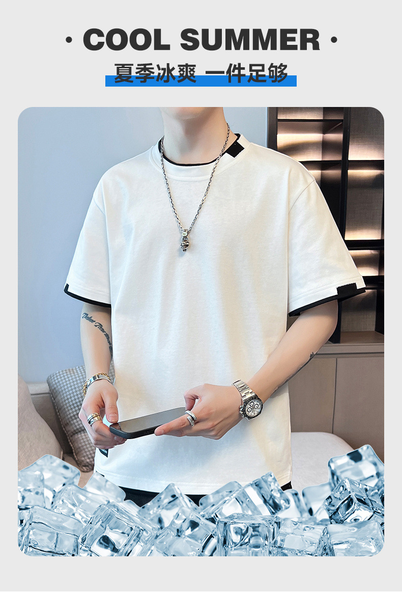 2025新款夏季t恤男潮流宽松短袖t恤上衣百搭假两件半袖青少年t恤详情6