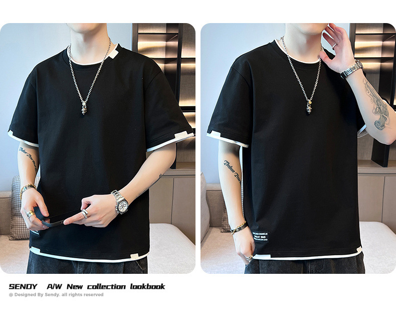 2025新款夏季t恤男潮流宽松短袖t恤上衣百搭假两件半袖青少年t恤详情9