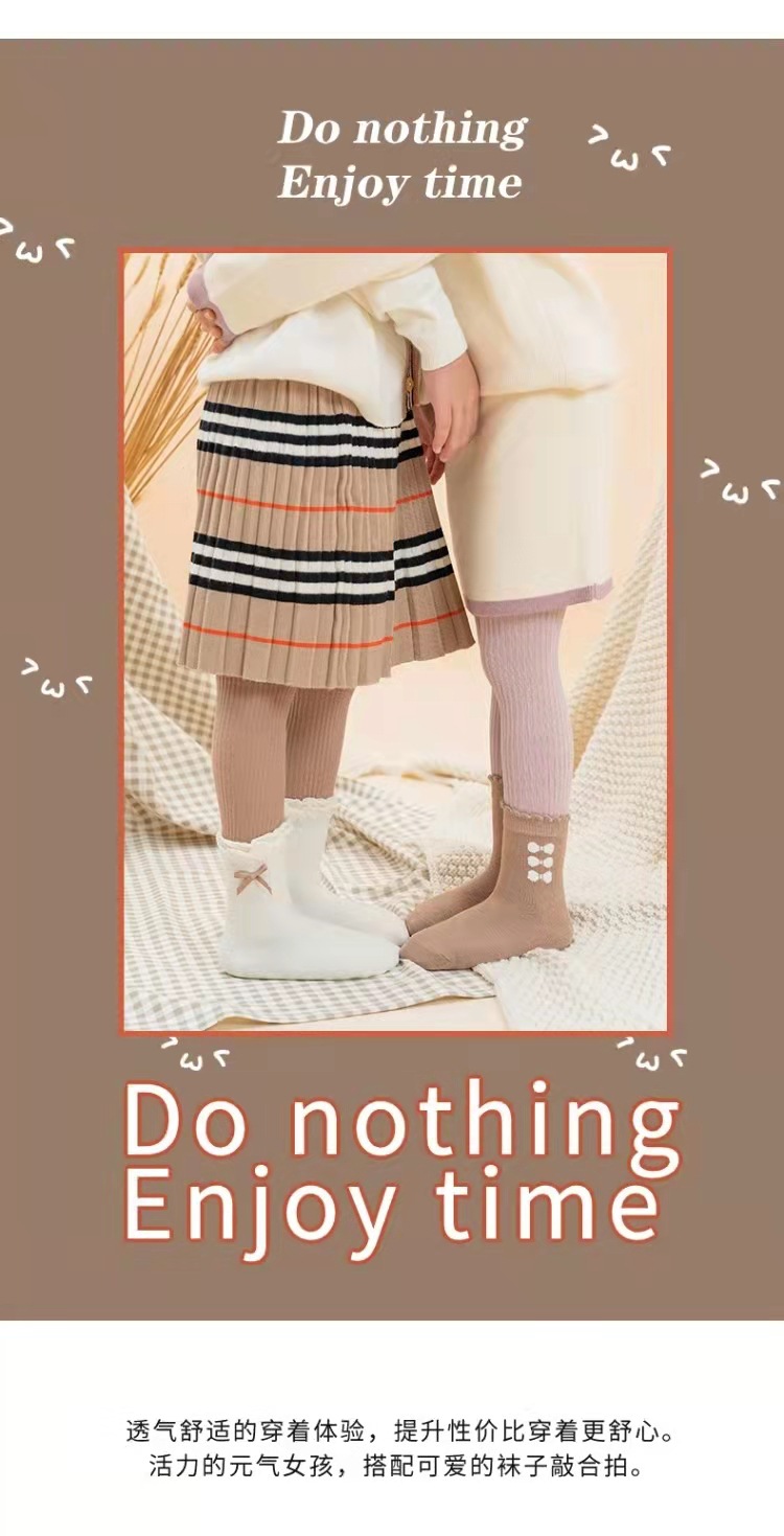 严选儿童袜子秋冬季女童花边棉袜手缝蝴蝶结森系公主袜韩版宝宝袜详情3