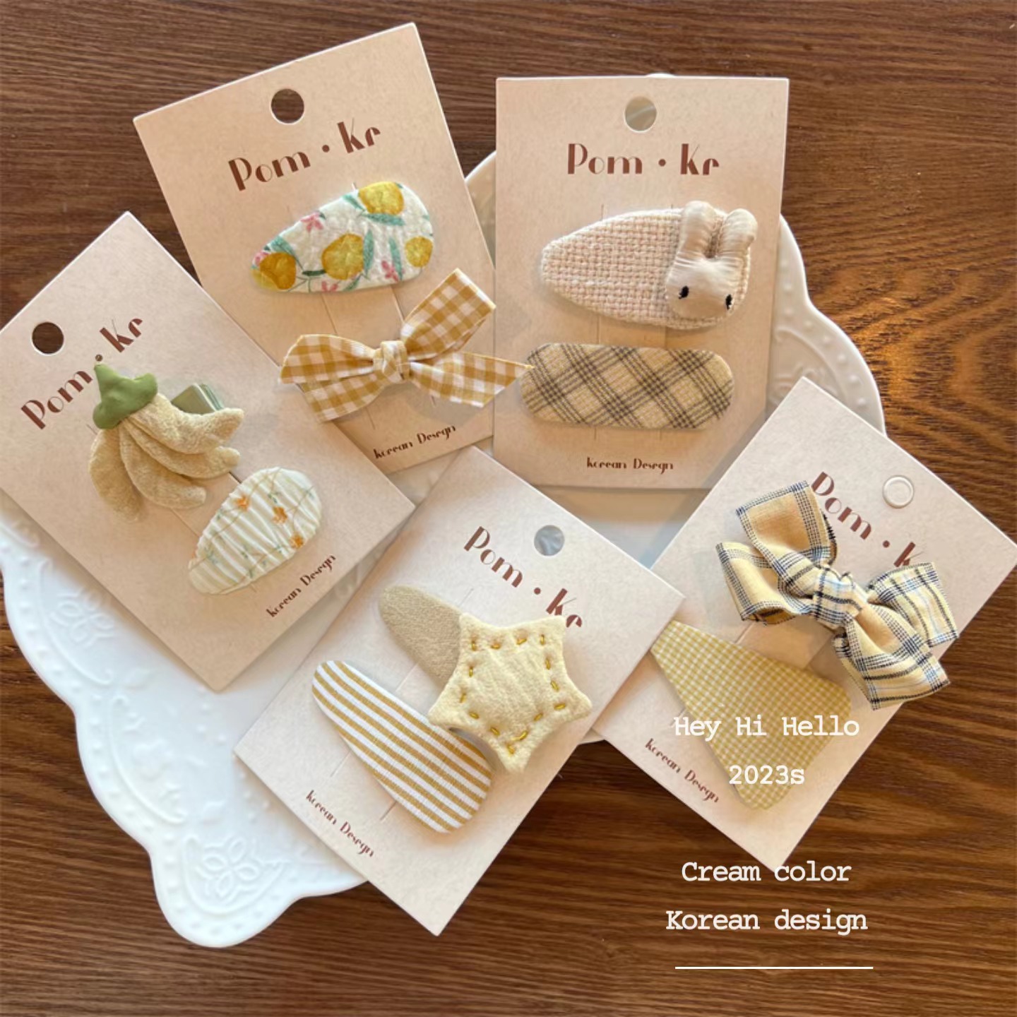 pom.kr 韩国风新款奶油色布艺女童蝴蝶结格子纯色发夹11bb夹创意饰品详情8