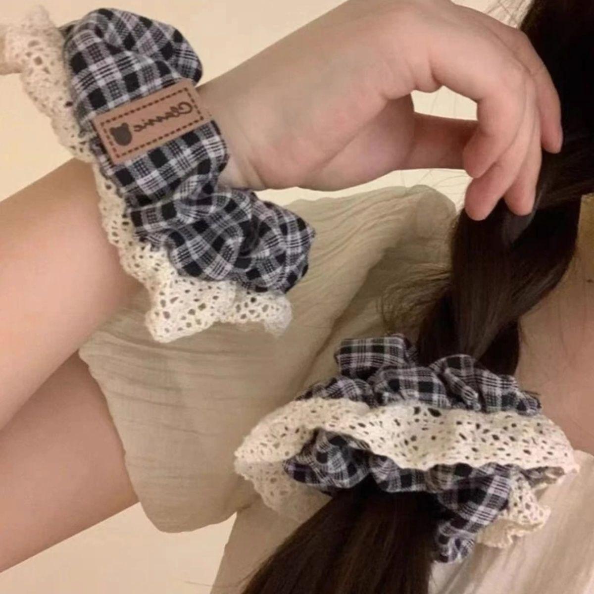 芭蕾风奶蓝格子重工烫钻蕾丝花边韩版大肠发圈可爱奶油甜妹发绳女详情4
