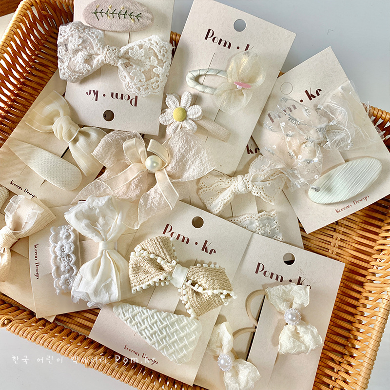 新款法式蕾丝森系儿童蝴蝶结发夹奶白系布艺边夹发卡韩版头饰皮筋详情6