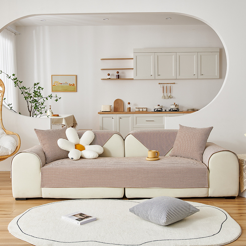 老粗布新款沙发垫棉麻四季条纹沙发罩简约现代棉线编织沙发坐垫巾详情5