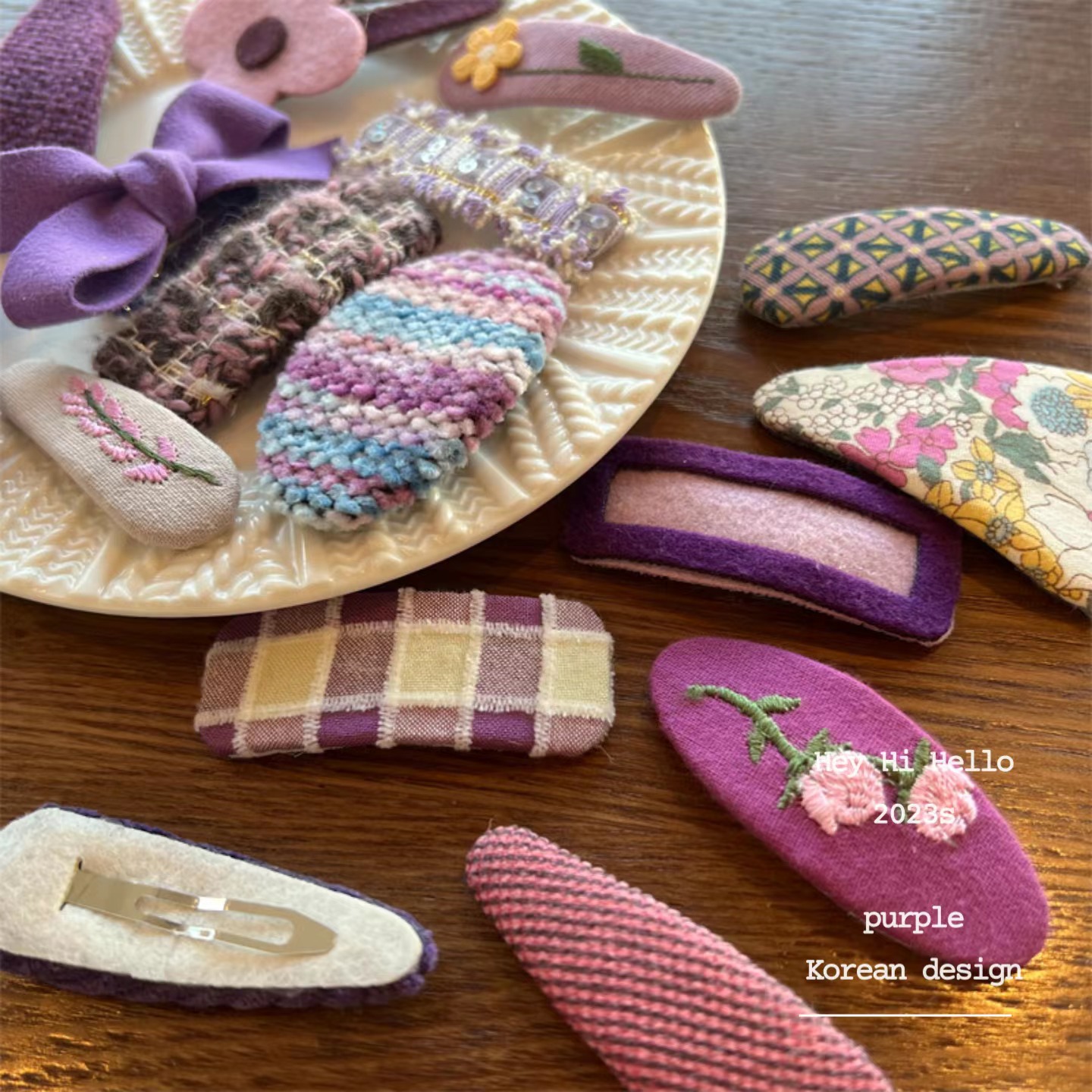 韩国新款紫色手工布艺碎花发夹彩虹色毛线bb夹花朵格子刘海夹发饰详情6