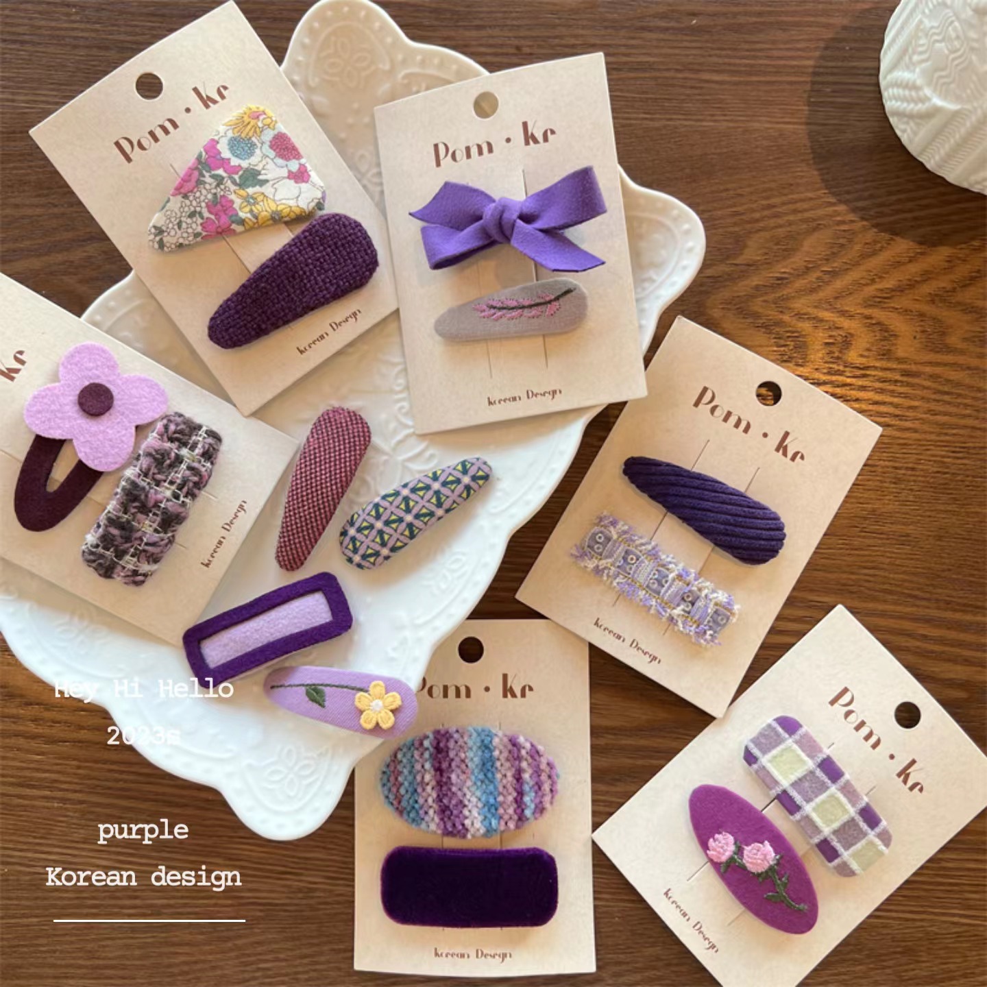 韩国新款紫色手工布艺碎花发夹彩虹色毛线bb夹花朵格子刘海夹发饰详情2