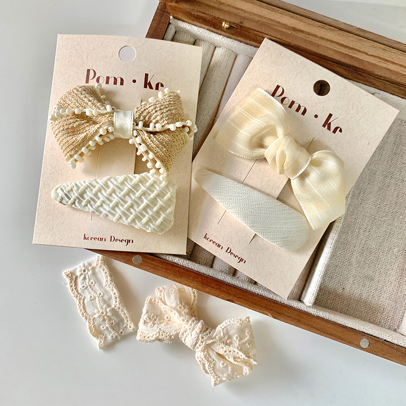 新款法式蕾丝森系儿童蝴蝶结发夹奶白系布艺边夹发卡韩版头饰皮筋详情8