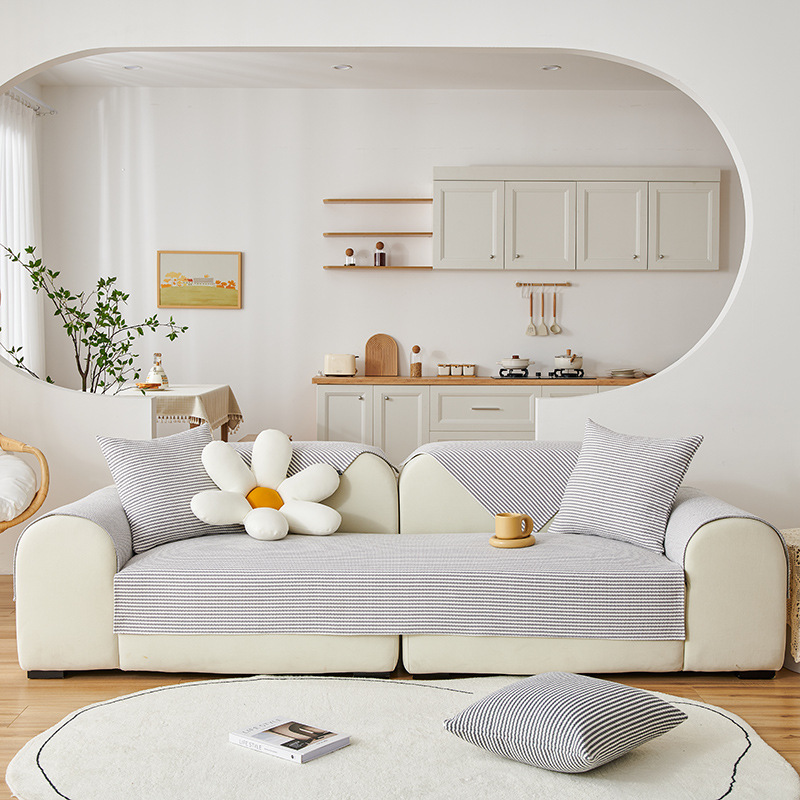 老粗布新款沙发垫棉麻四季条纹沙发罩简约现代棉线编织沙发坐垫巾详情1