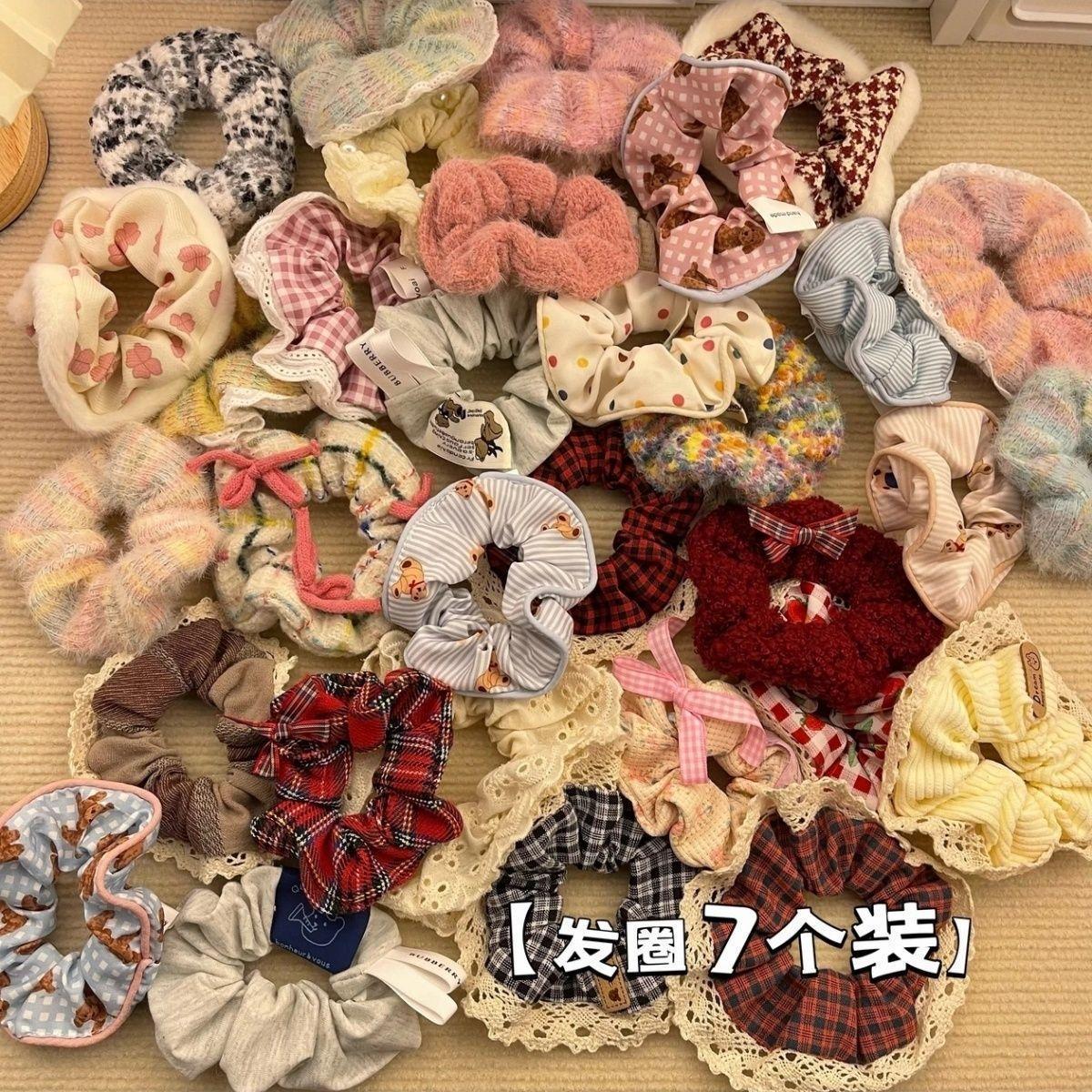 芭蕾风奶蓝格子重工烫钻蕾丝花边韩版大肠发圈可爱奶油甜妹发绳女详情1