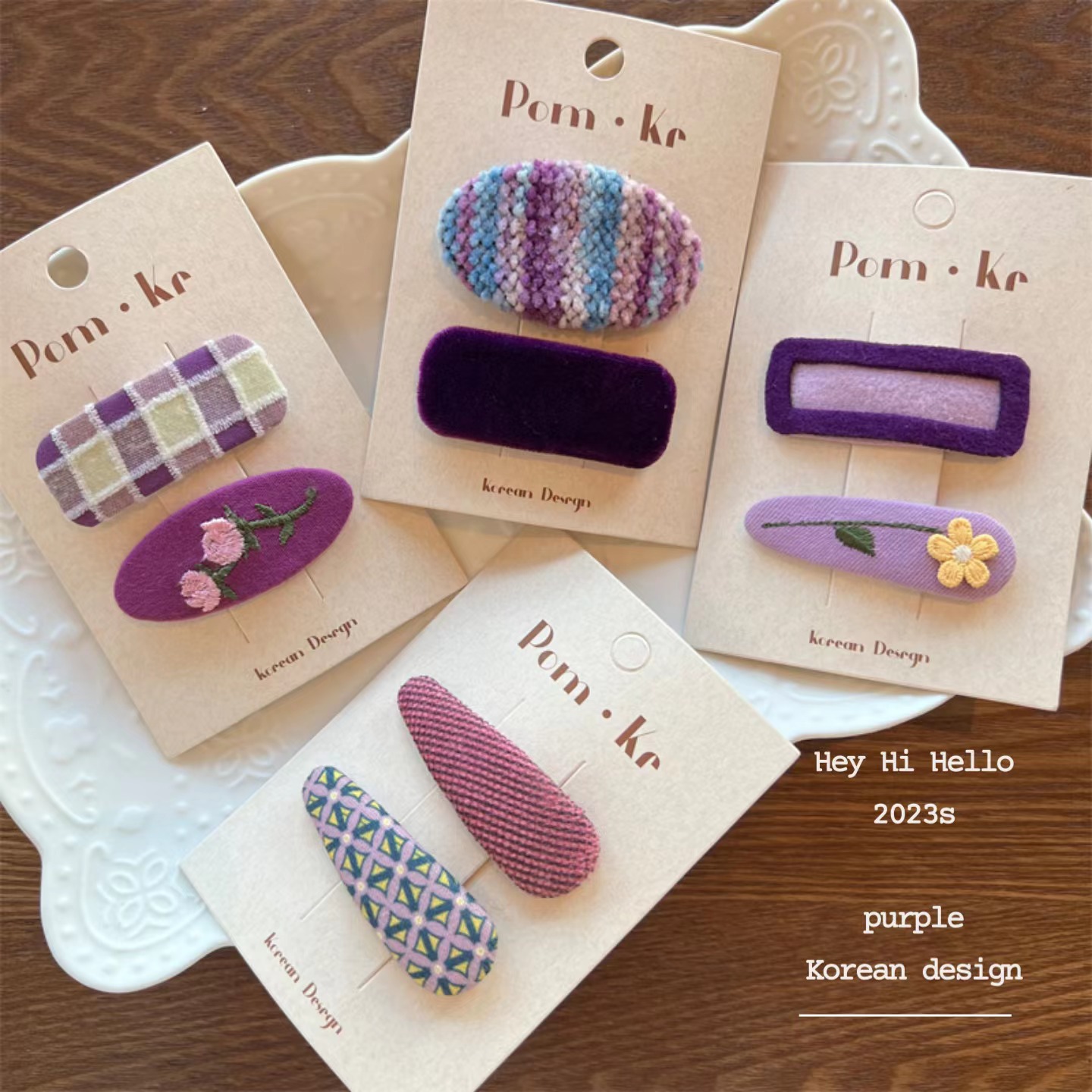 韩国新款紫色手工布艺碎花发夹彩虹色毛线bb夹花朵格子刘海夹发饰详情8