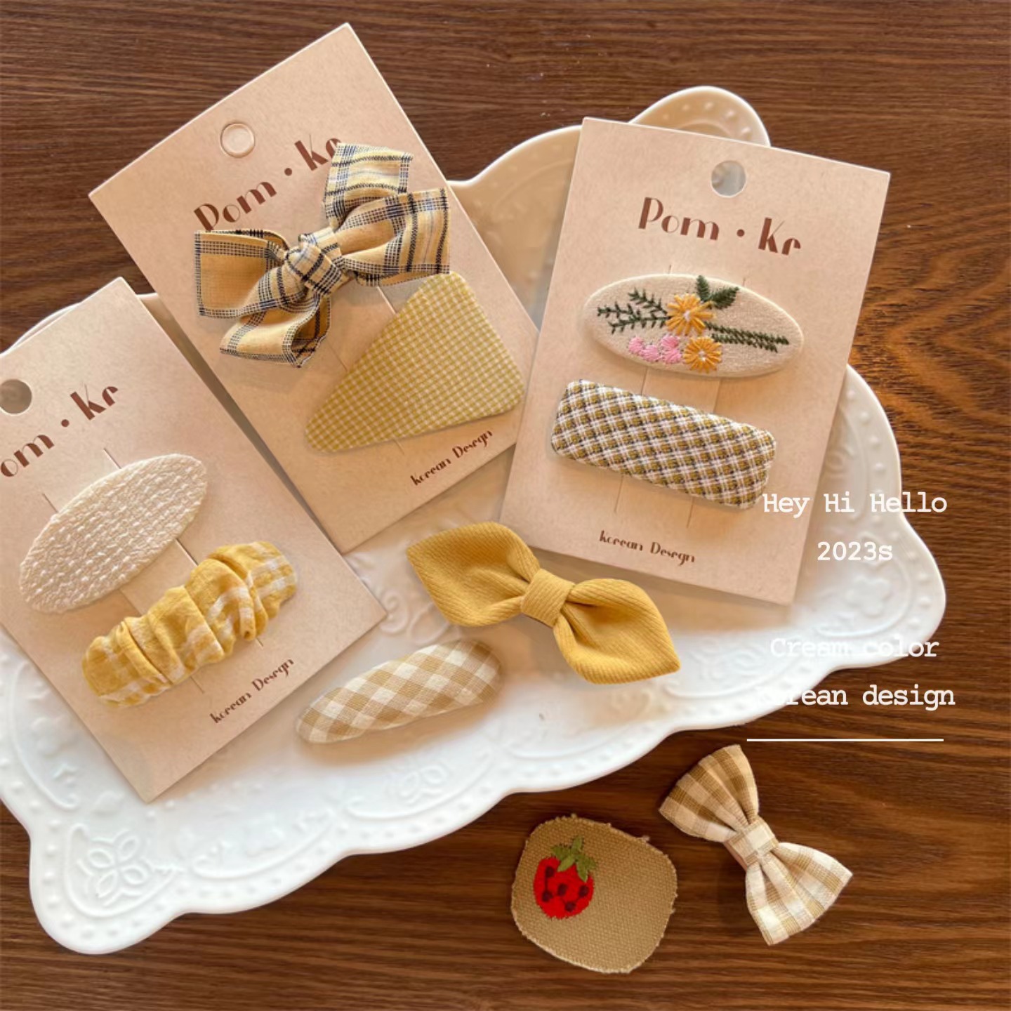 pom.kr 韩国风新款奶油色布艺女童蝴蝶结格子纯色发夹11bb夹创意饰品详情12