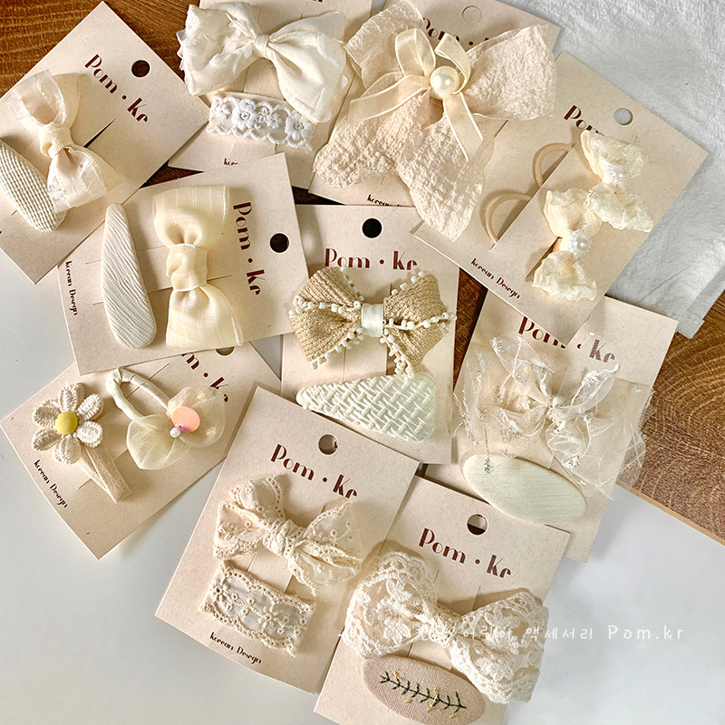 新款法式蕾丝森系儿童蝴蝶结发夹奶白系布艺边夹发卡韩版头饰皮筋详情4