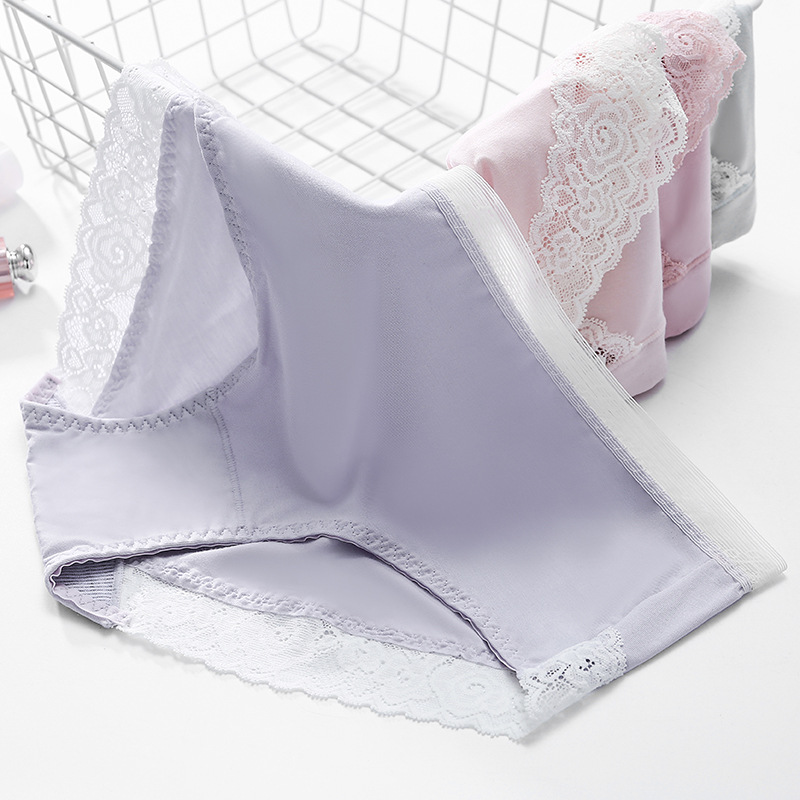 新款 简约纯色中腰棉档无痕女士内裤 性感蕾丝花边莫代尔内裤女详情图1