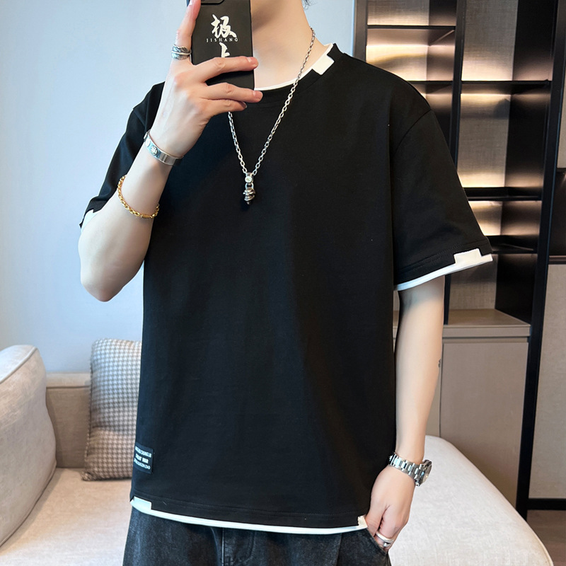 2025新款夏季t恤男潮流宽松短袖t恤上衣百搭假两件半袖青少年t恤详情图4