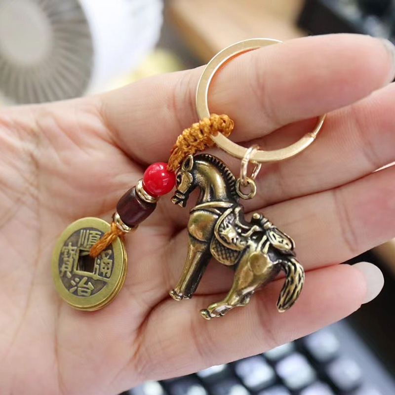 手工纯铜黄铜马上有钱马上赢钱挂坠五帝钱纯铜马汽车钥匙扣挂件详情图2