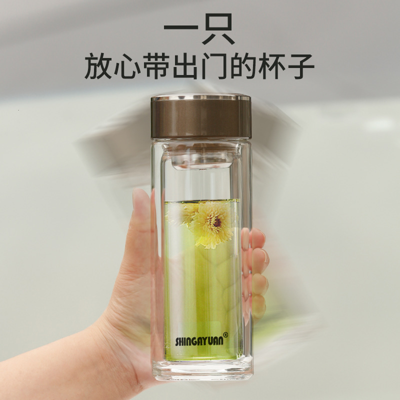 上海新家园双层玻璃杯防摔隔热泡茶杯子商务便携时尚水晶保温杯详情图3