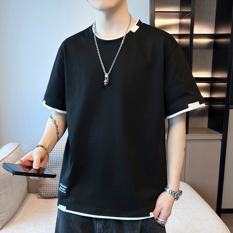 2025新款夏季t恤男潮流宽松短袖t恤上衣百搭假两件半袖青少年t恤详情图1