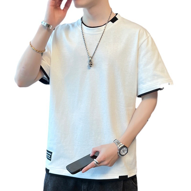 2025新款夏季t恤男潮流宽松短袖t恤上衣百搭假两件半袖青少年t恤详情图5