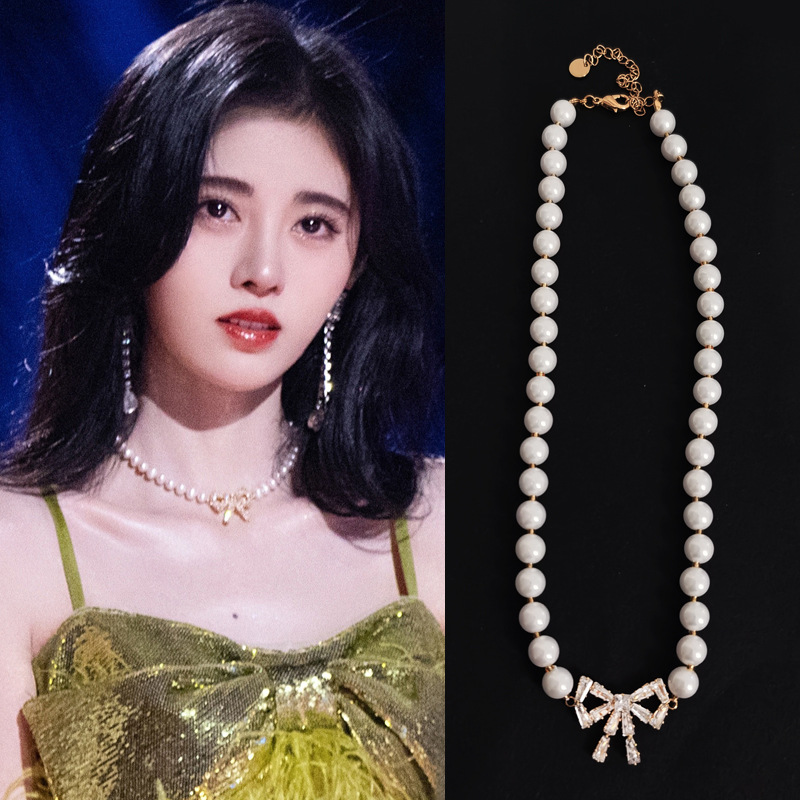 夏鞠婧祎同款项链小众女法式复古珍珠蝴蝶结锁骨链choker颈圈女圈详情图1