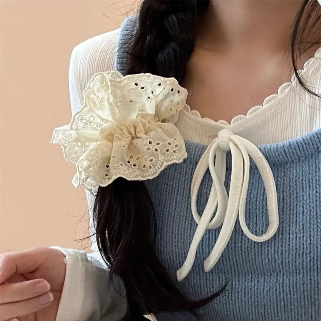 芭蕾风奶蓝格子重工烫钻蕾丝花边韩版大肠发圈可爱奶油甜妹发绳女详情图3
