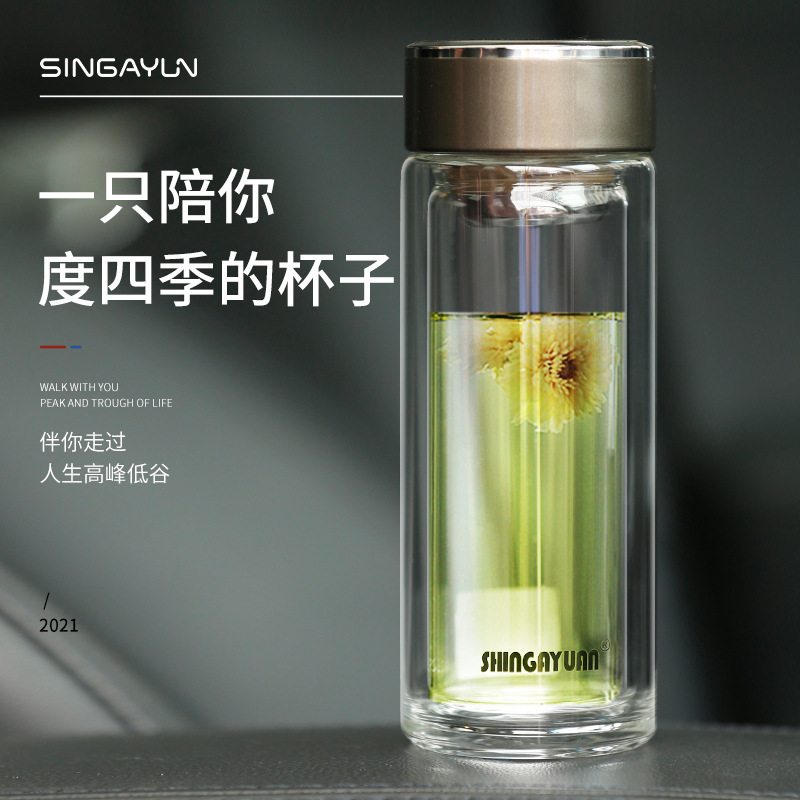 上海新家园双层玻璃杯防摔隔热泡茶杯子商务便携时尚水晶保温杯详情图1