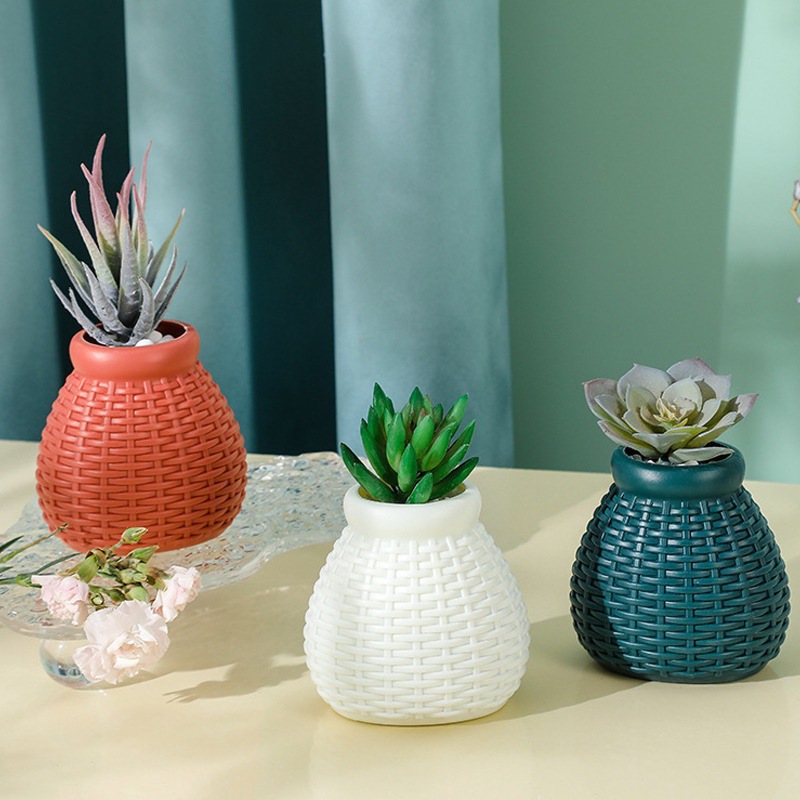 塑料花瓶 干湿花插花容器 北欧ins风花艺花器装饰 盆栽仿藤编花瓶详情图1
