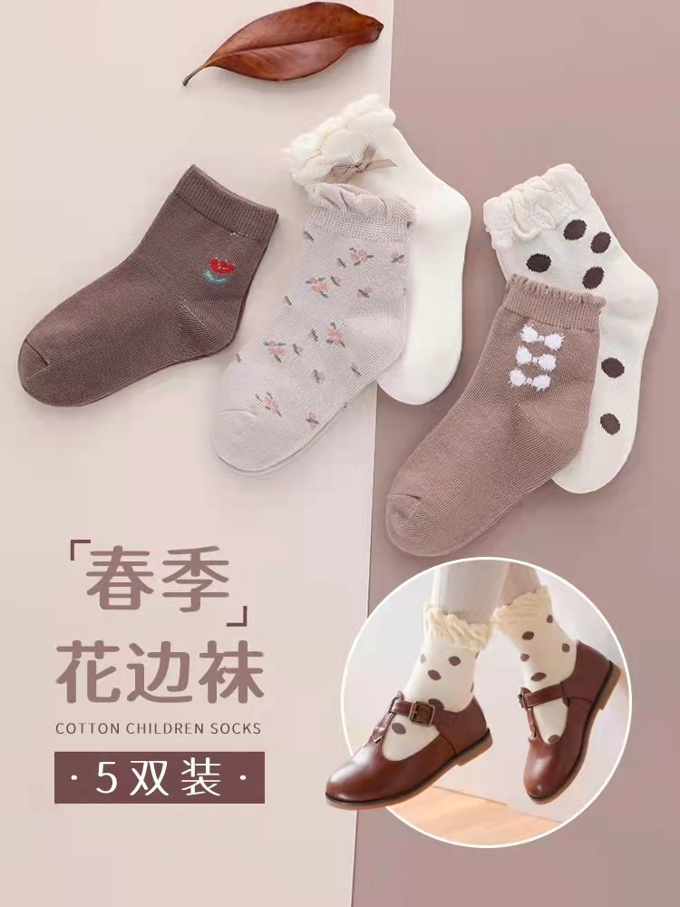 严选儿童袜子秋冬季女童花边棉袜手缝蝴蝶结森系公主袜韩版宝宝袜详情图5