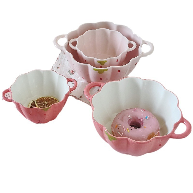 可爱陶瓷泡面碗双耳碗家用个人专用防烫草莓花瓣碗水果沙拉汤面碗详情图5