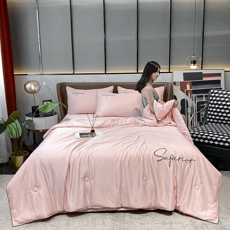 纯色水洗冰丝夏凉被精美刺绣薄被子空调被四件套可配礼盒厂家批发详情图2