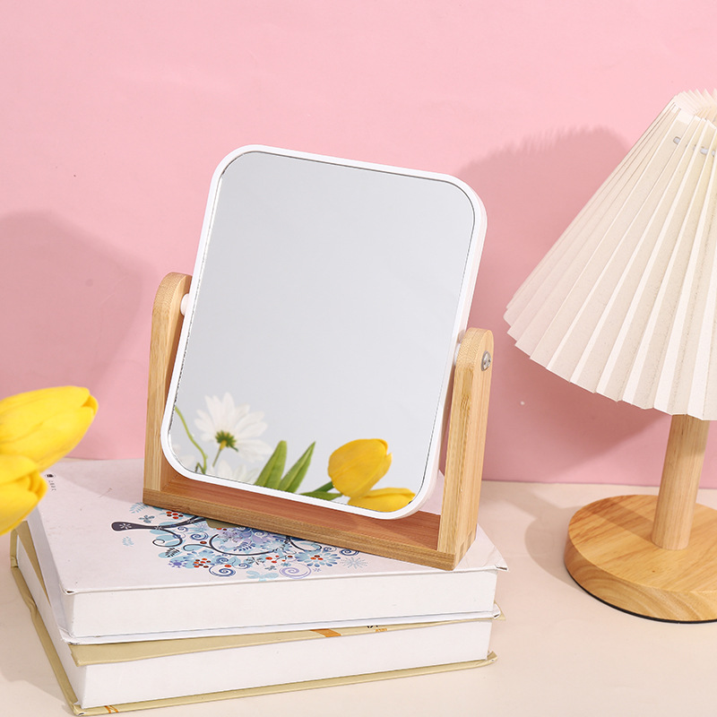 新款木质化妆镜高清360°可旋转双面美妆镜简约桌面摆台化妆镜详情图3