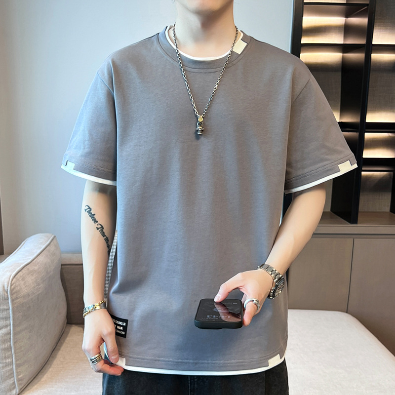 2025新款夏季t恤男潮流宽松短袖t恤上衣百搭假两件半袖青少年t恤详情图2