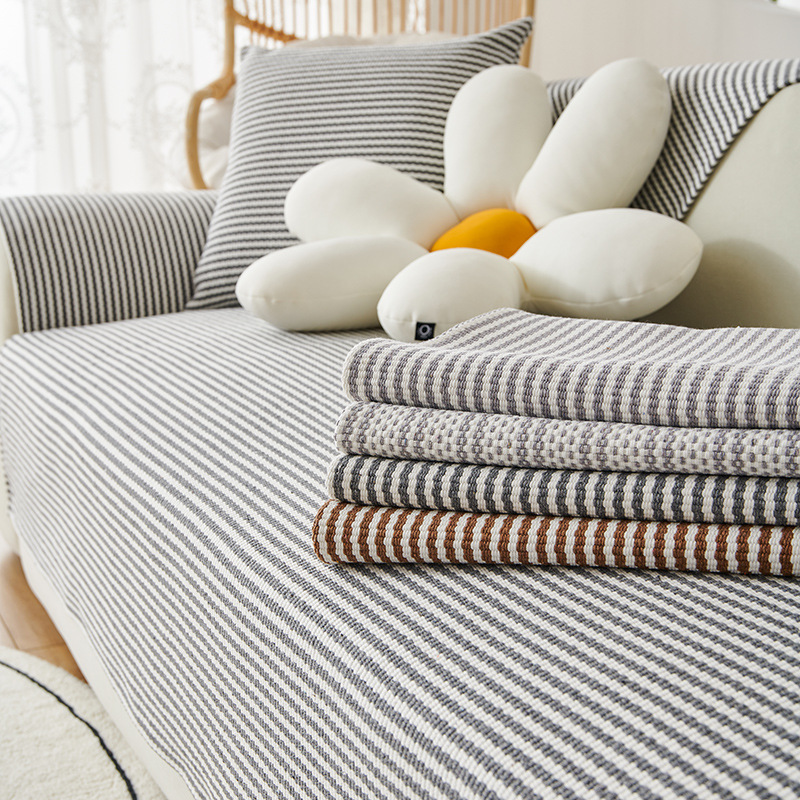 老粗布新款沙发垫棉麻四季条纹沙发罩简约现代棉线编织沙发坐垫巾详情图2