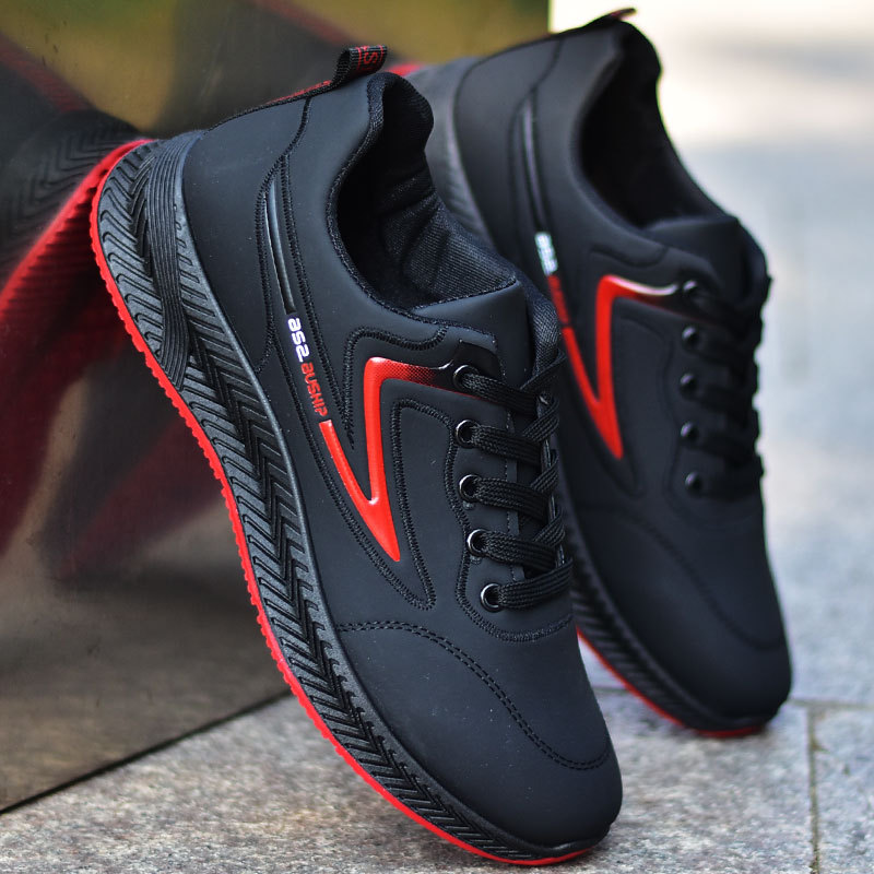 男鞋春夏季防水皮面鞋百搭潮鞋黑色防滑运动休闲鞋男士低帮跑步鞋详情图2