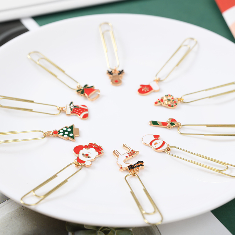 创意圣诞老人书签麋鹿铃铛金色回形针合金卡通圣诞树套装学生文具详情图4