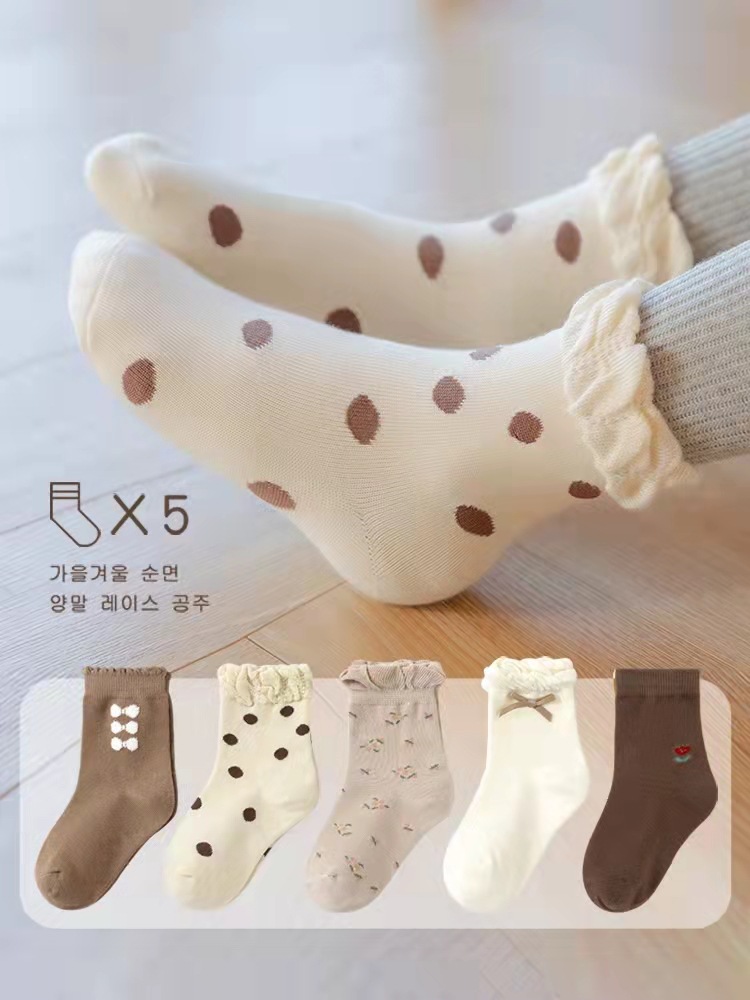 严选儿童袜子秋冬季女童花边棉袜手缝蝴蝶结森系公主袜韩版宝宝袜详情图3