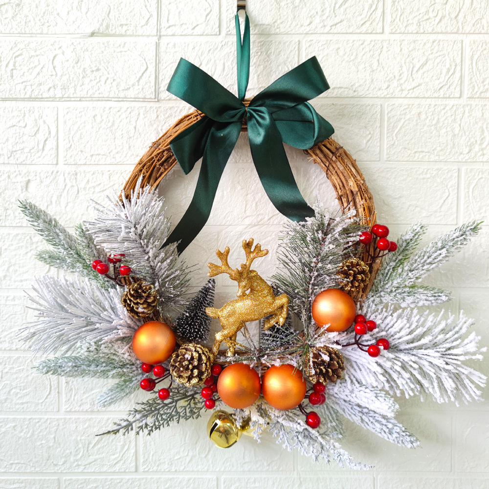 纵鸿跨境新品圣诞花环圣诞节鹿植绒花环圣诞球松果装饰墙挂门挂详情图5