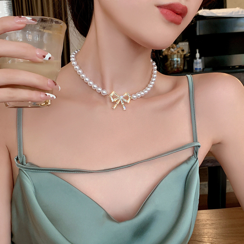 夏鞠婧祎同款项链小众女法式复古珍珠蝴蝶结锁骨链choker颈圈女圈详情图2