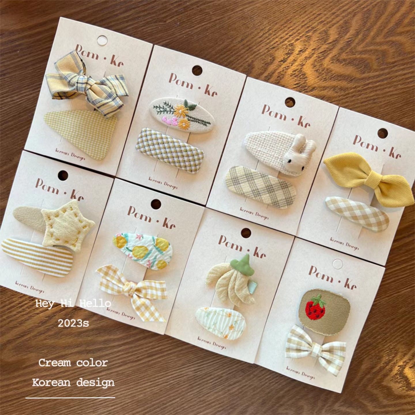 pom.kr 韩国风新款奶油色布艺女童蝴蝶结格子纯色发夹11bb夹创意饰品详情图2