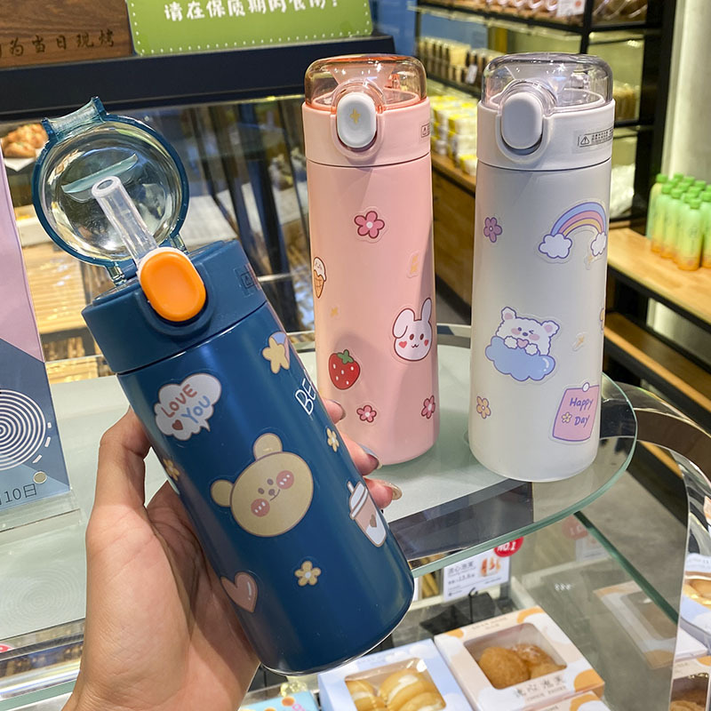 百利友卡通时尚儿童吸管保温杯304不锈钢学生水杯手提杯子送贴纸详情图2