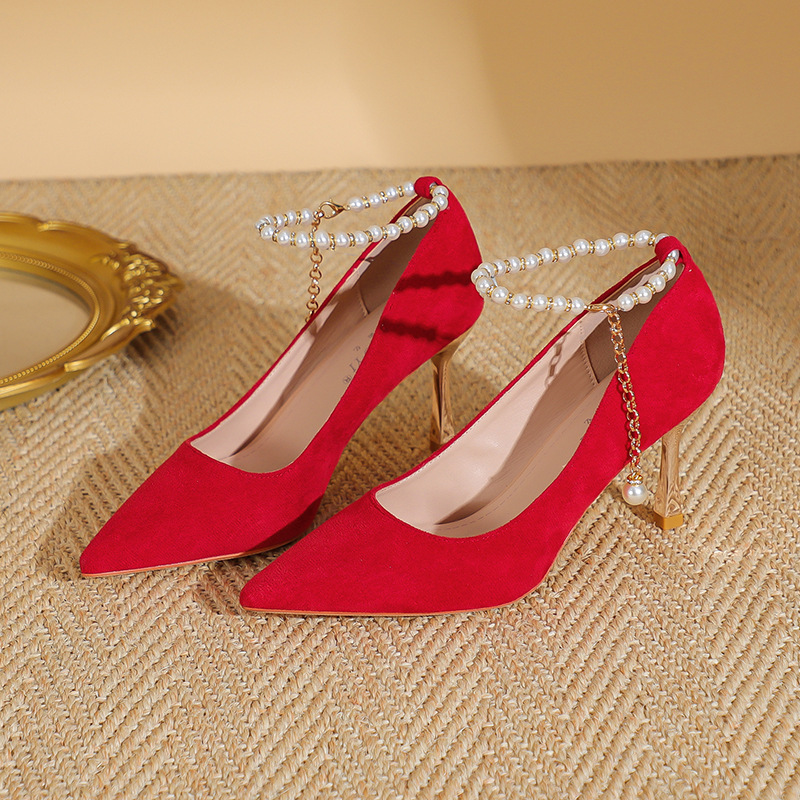 grm-zud珍珠链条一字扣婚鞋女结婚喜庆伴娘新娘大小码高跟鞋详情图1