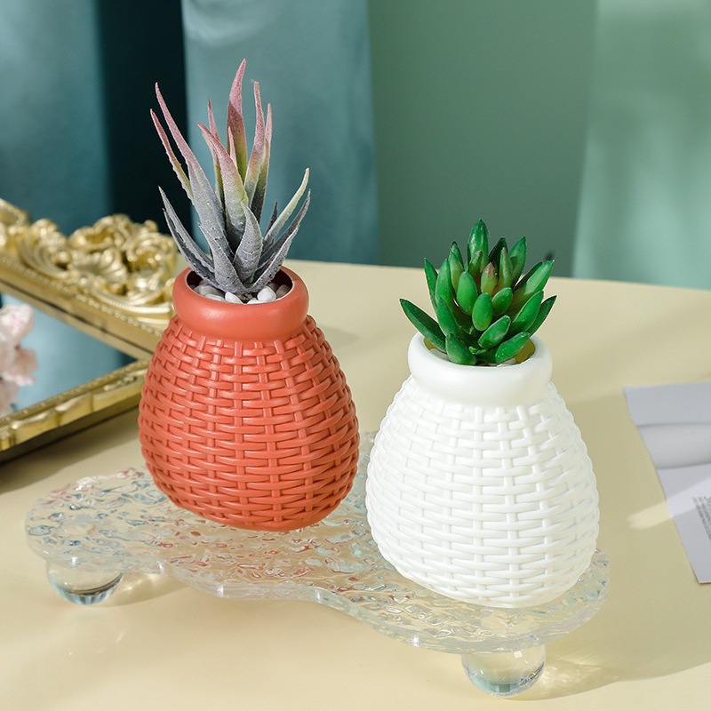 塑料花瓶 干湿花插花容器 北欧ins风花艺花器装饰 盆栽仿藤编花瓶详情图3